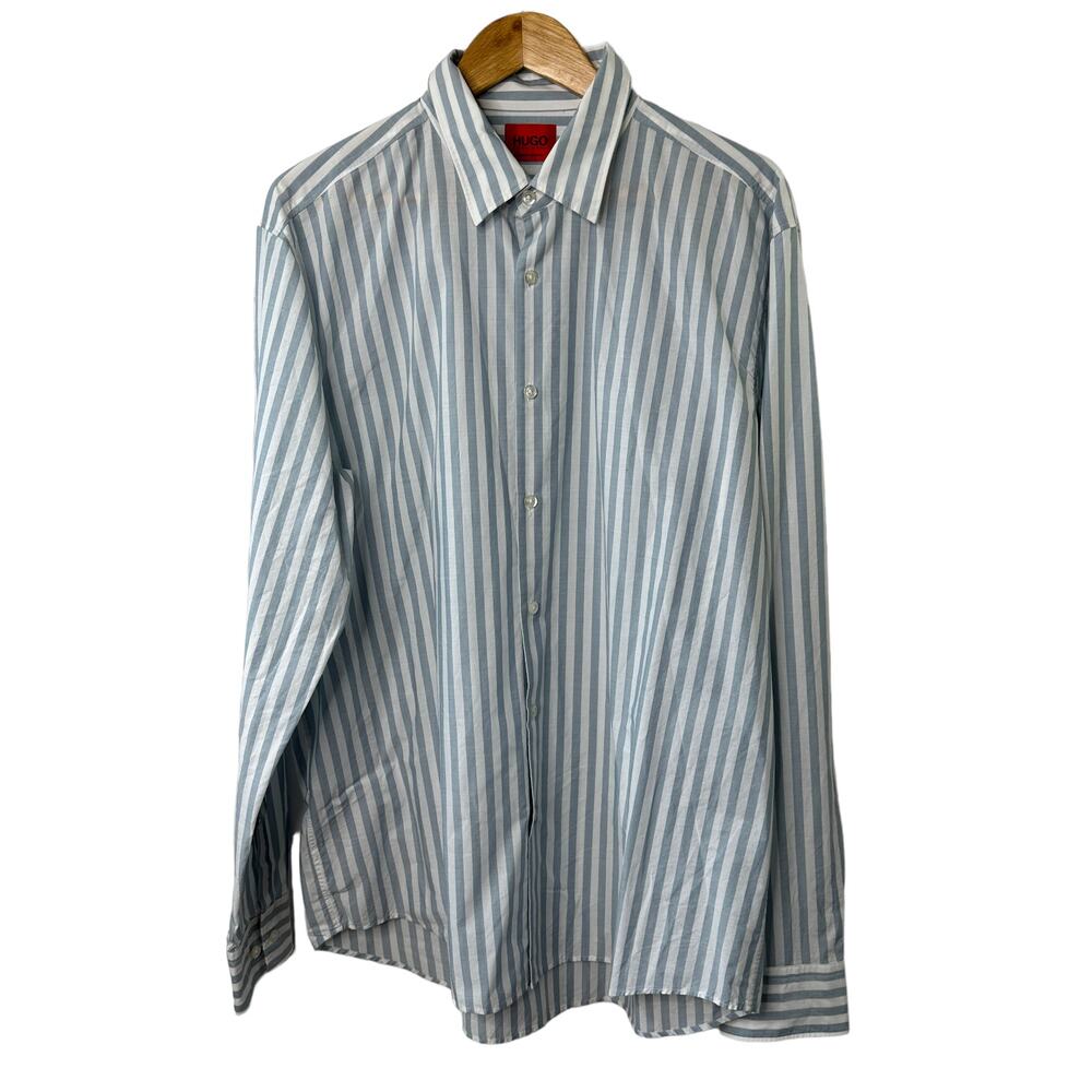 Hugo Boss Casual Slim Fit Blue & White Stripe Long Sleeve Button-Up Shirt XXL